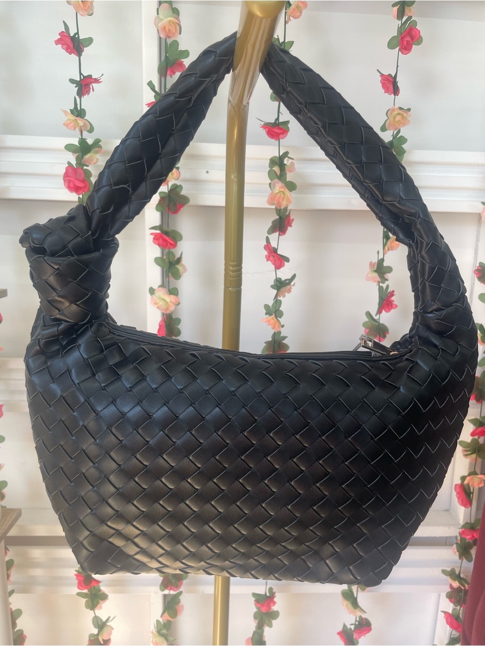 A New Day- Woven Leather Shoulder Bag - Black
